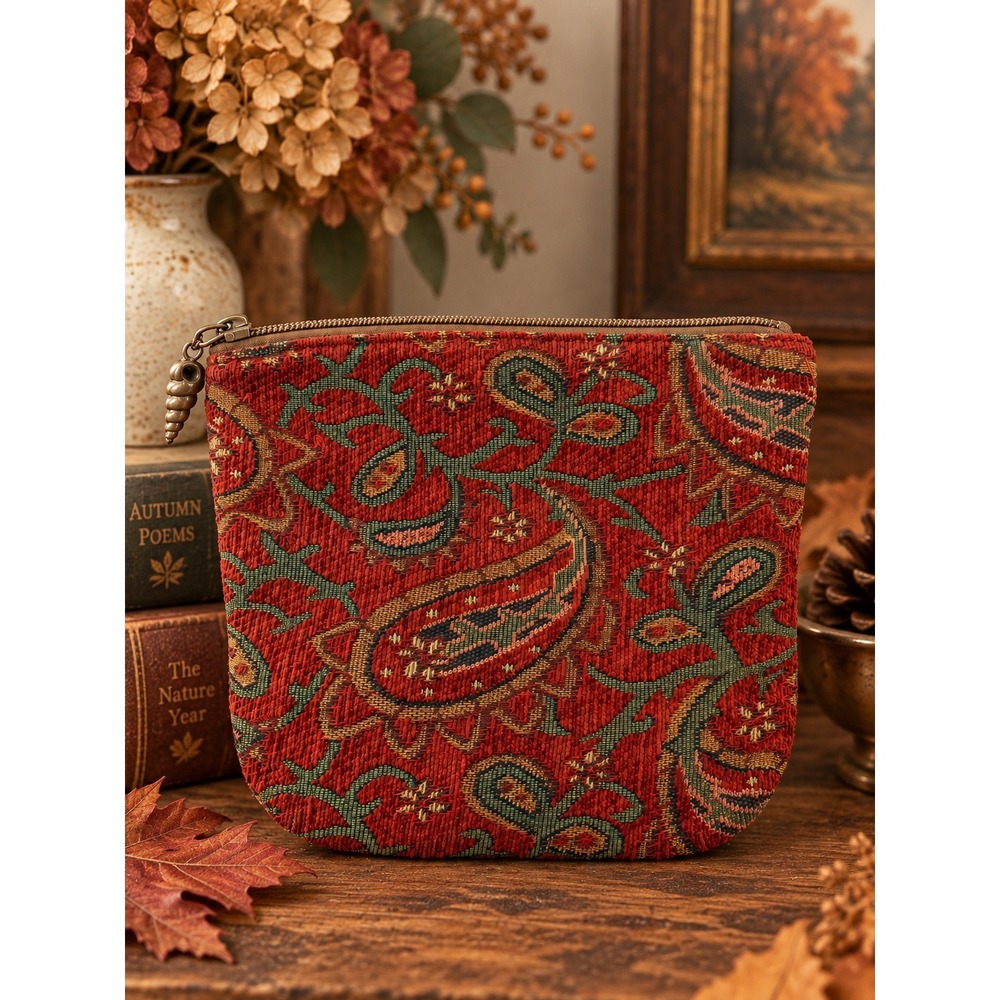 Vintage Tapestry Paisley Cosmetic Bag Red Green Boho Gobelin Zip Pouch Acorn